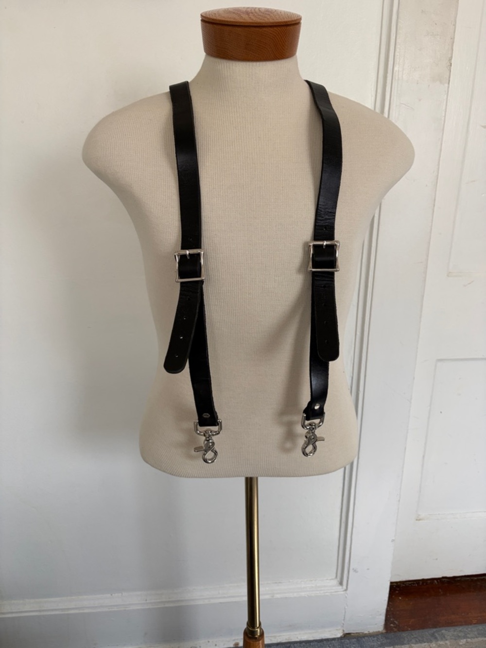 Black Leather Adjustable Men's Suspenders with Silver Hardware